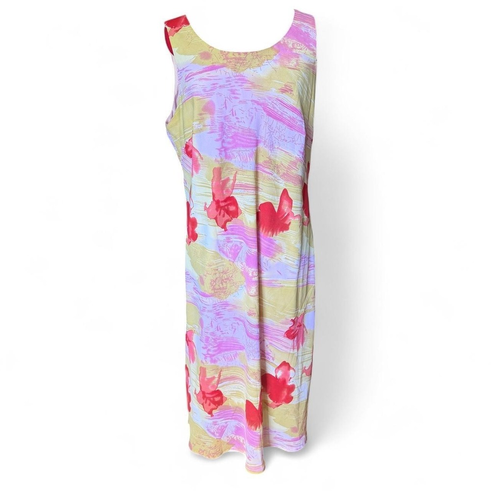 Dress-U-II Vintage Pink Yellow Floral Watercolor Midi Dress Sleeveless Size 22
